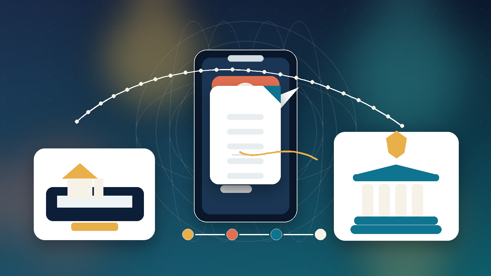 Colorful editorial illustration of a diaspora customer completing a digital signatory workflow across borders