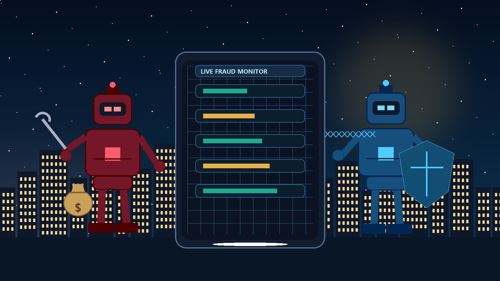 Editorial illustration showing a robot robber, a robot watchman, and a live fraud monitor for digital lenders