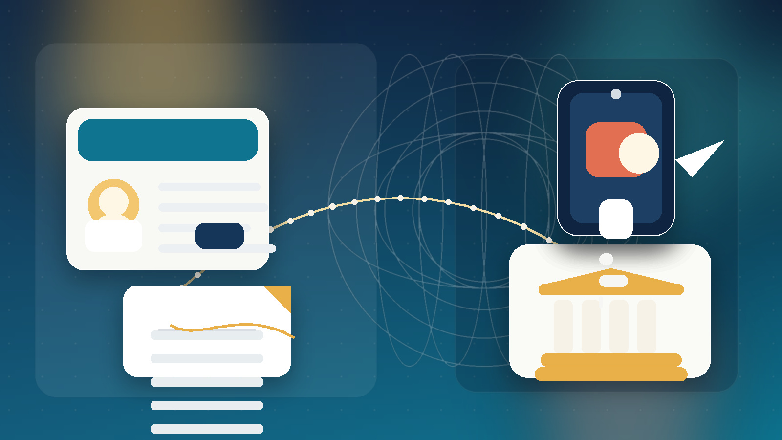 Editorial illustration of portable identity, remote trust, and cross-border access in core banking