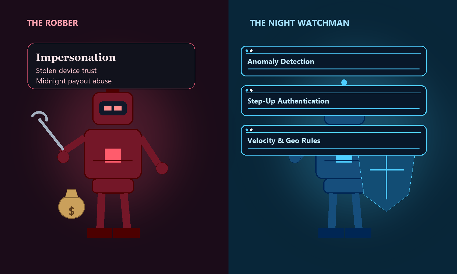 Editorial illustration of a robot robber facing a robot watchman with fraud controls between them