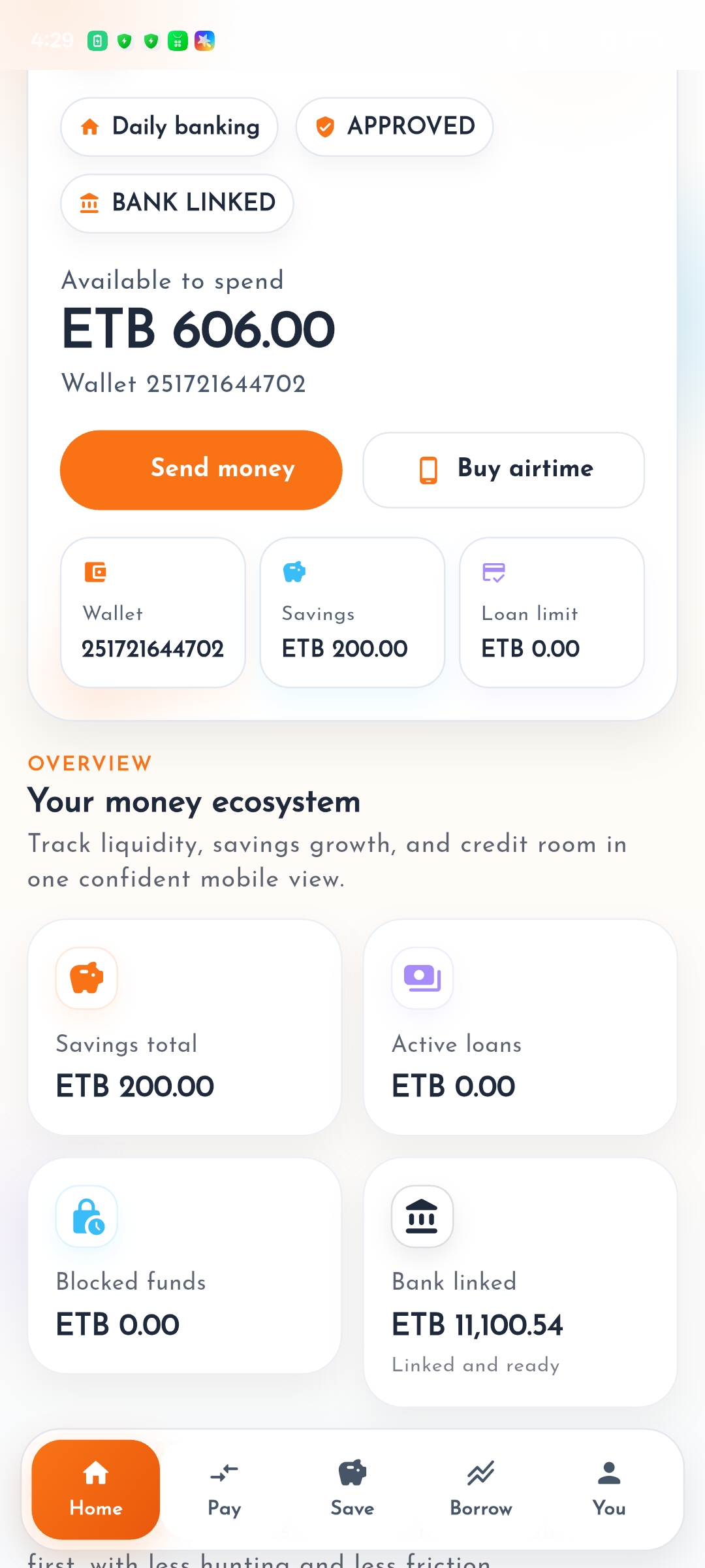Actual mobile banking app screenshot showing the customer-facing transaction layer