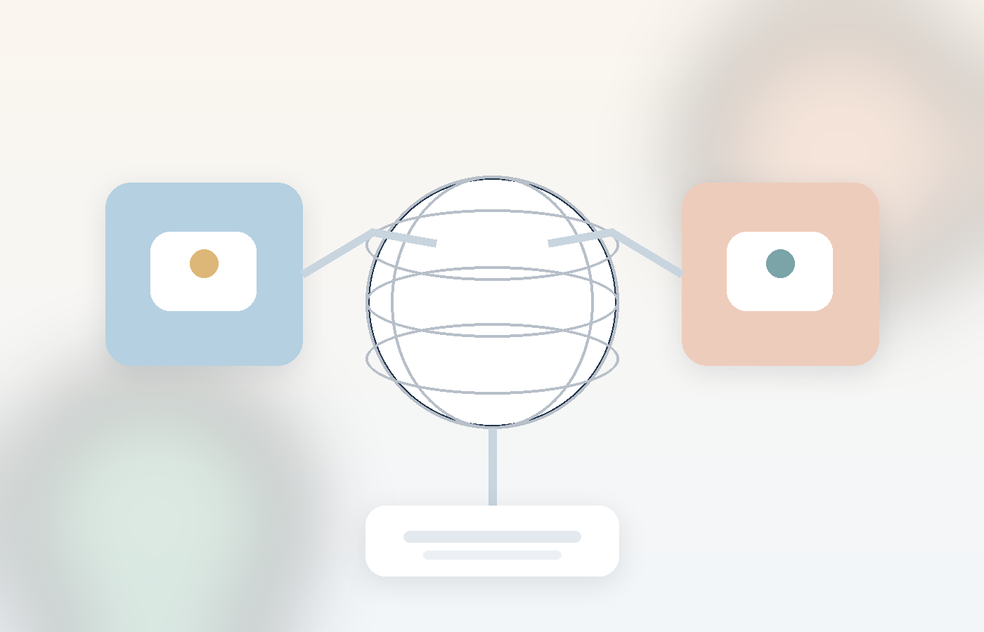Soft editorial illustration of two wallets connected through a globe.
