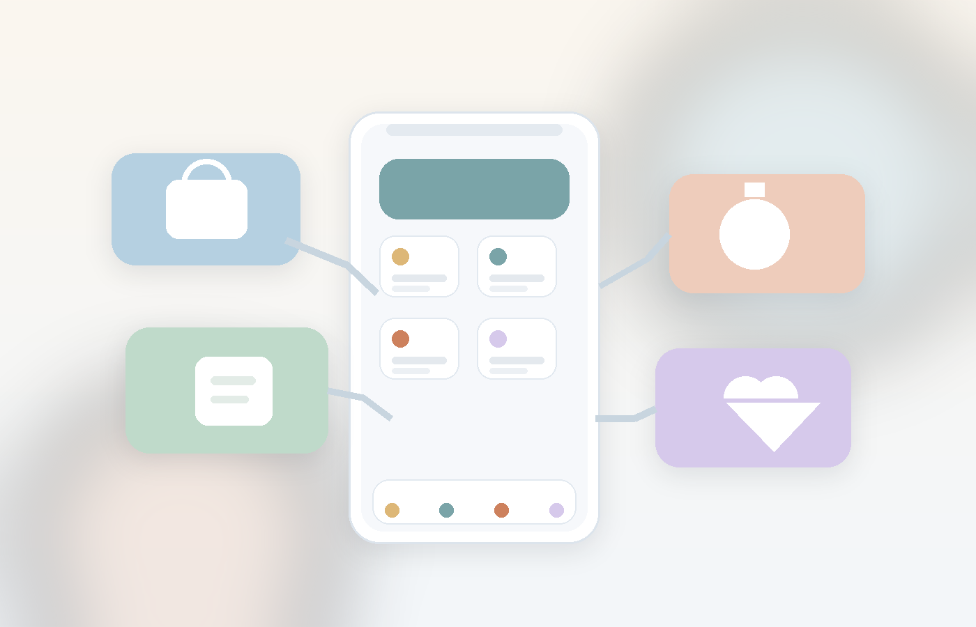 Soft editorial illustration of a wallet at the center of everyday life moments like shopping, bills, savings, and support.