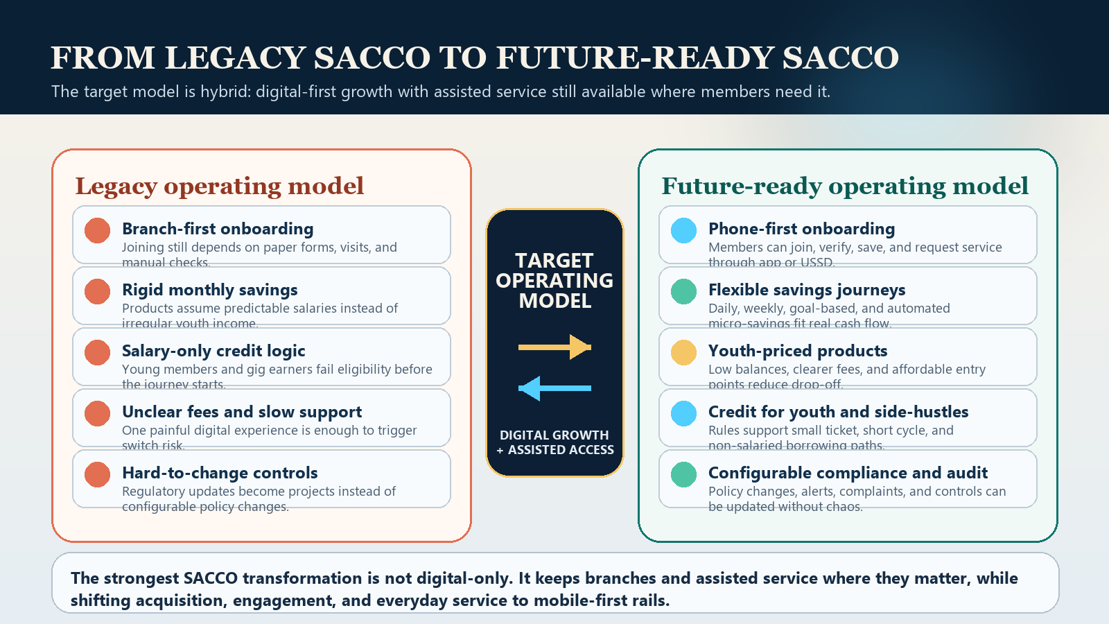 Blueprint comparing a legacy SACCO operating model with a future-ready digital-first SACCO model.