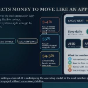 Illustration showing a mobile-first SACCO experience, Gen Z expectations, and youth adoption statistics.